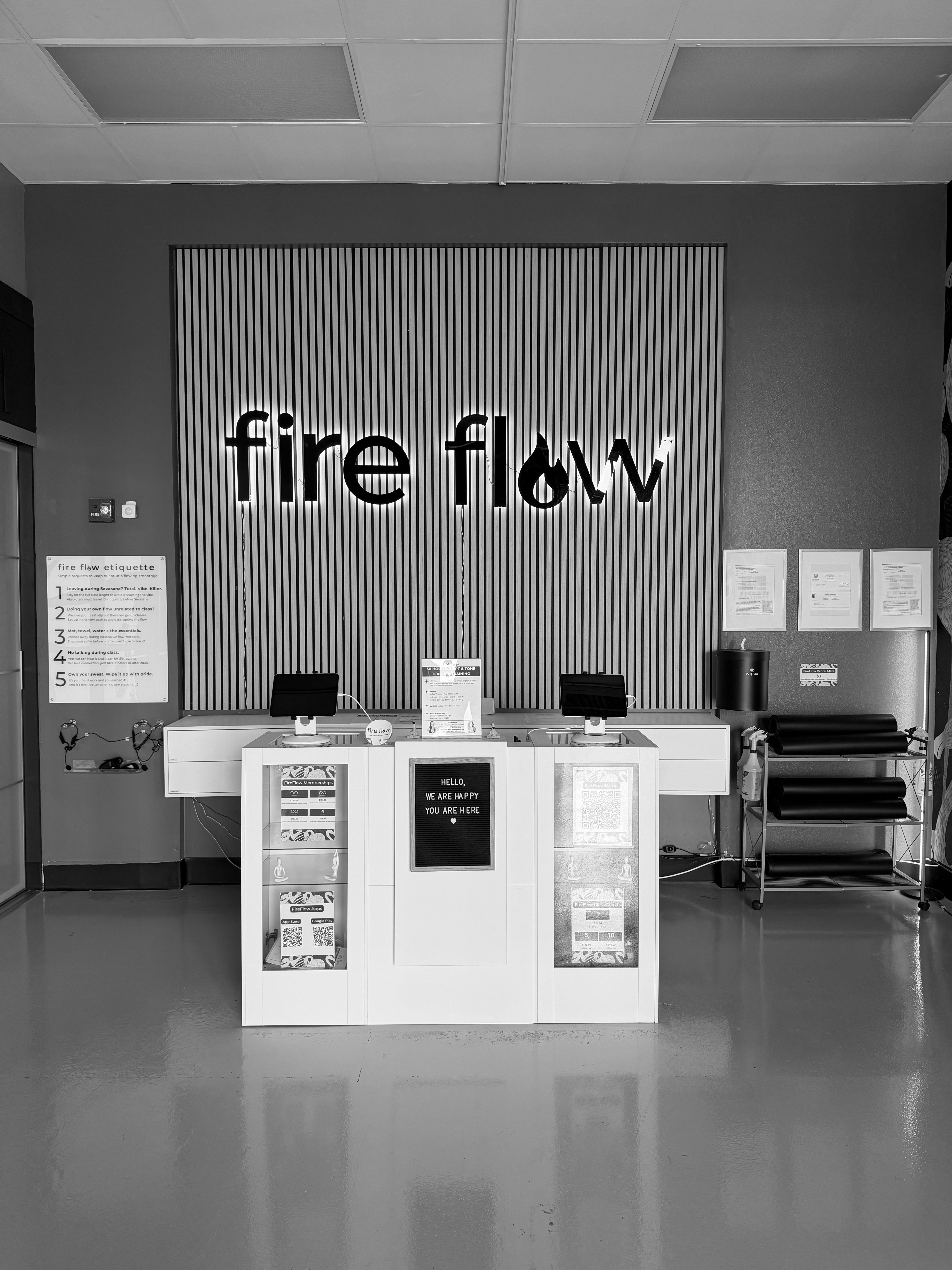 Fire Flow front desk and lobby with branded wall